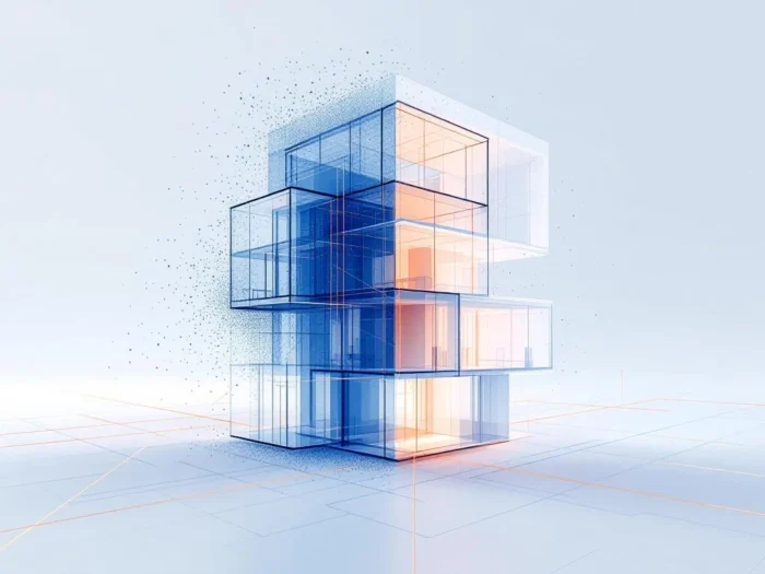 Transparant 3D draadmodel van modern woongebouw dat ontstaat uit laserscan puntenwolk tot architecturale geometrie