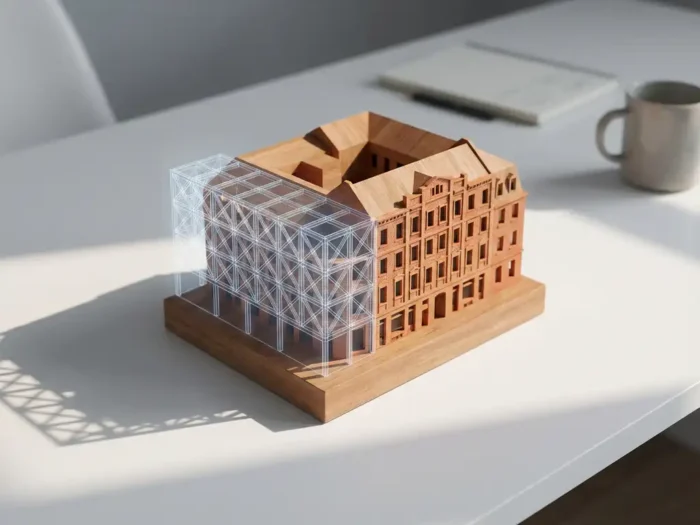 Architecturaal schaalmodel van bakstenen gebouw met digitale wireframe-overlay op minimalistische witte bureau