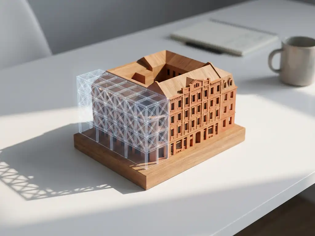 Architecturaal schaalmodel van bakstenen gebouw met digitale wireframe-overlay op minimalistische witte bureau