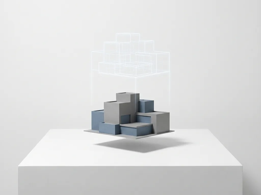 Architecturaal schaalmodel van modern gebouw met transparante digitale overlay, minimalistische compositie in grijs en blauw