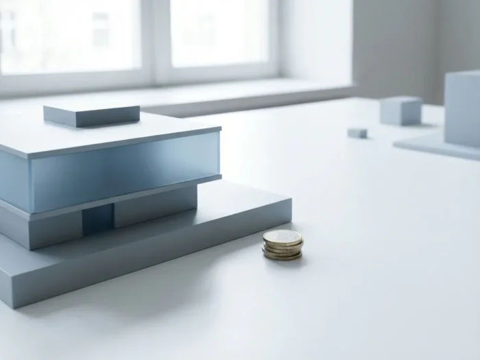 Architectonisch schaalmodel van modern gebouw op wit bureau met stapel euromunten, minimalistisch ontwerp in grijstinten