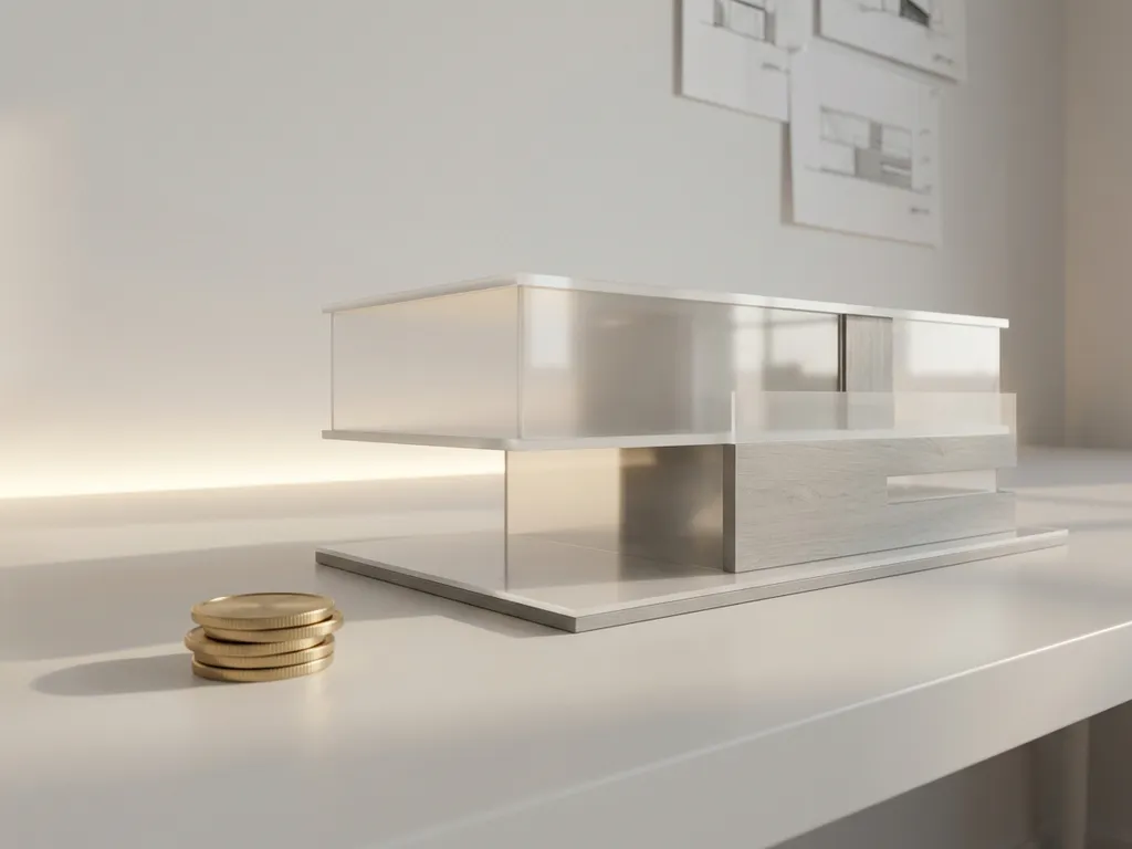 Architecturaal schaalmodel van modern gebouw op wit bureau met stapel gouden munten, minimalistisch met warme verlichting