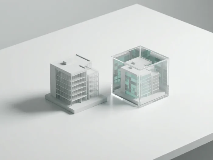 Architecturaal schaalmodel naast transparante acrylkubus met miniatuurgebouw op witte bureau, minimalistisch ontwerp