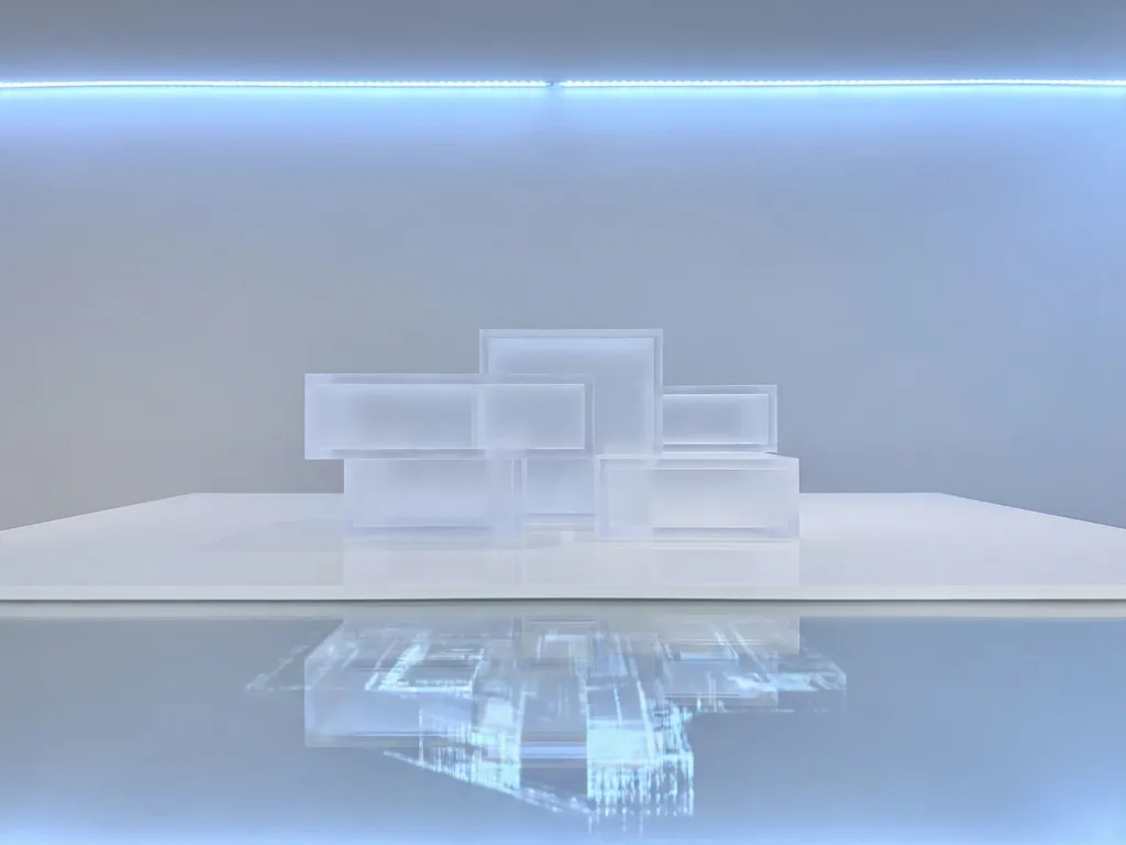 Doorschijnend architectonisch schaalmodel van modern gebouw op wit oppervlak met zachte reflectie en blauwe verlichting