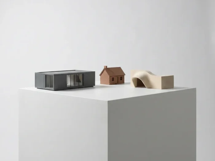Architectonische schaalmodellen van moderne prefab module, traditioneel bakstenen huis en organische structuur op minimalistisch platform