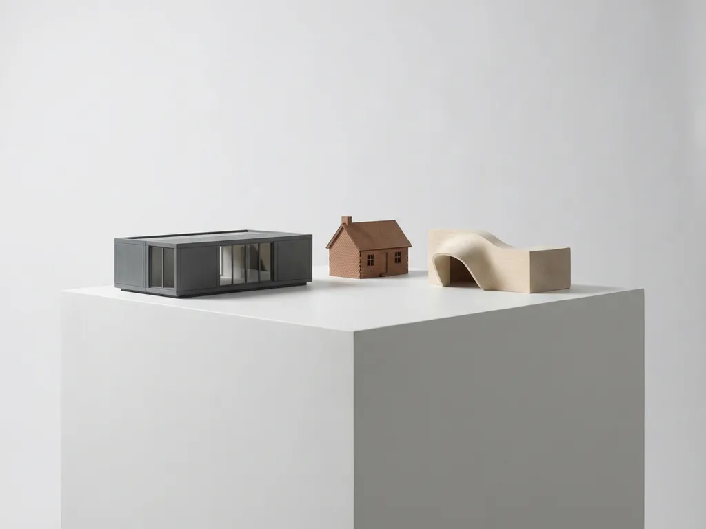 Architectonische schaalmodellen van moderne prefab module, traditioneel bakstenen huis en organische structuur op minimalistisch platform