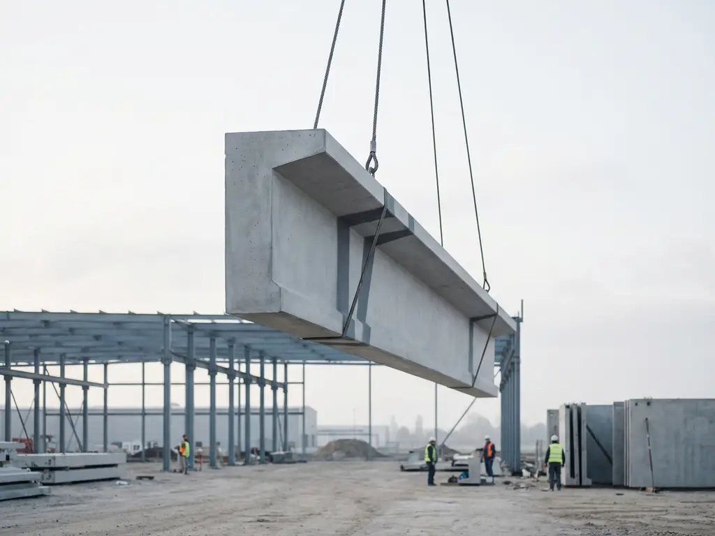 Grote prefab betonnen balk hangt aan industriële kraankabels boven bouwplaats in zacht ochtendlicht