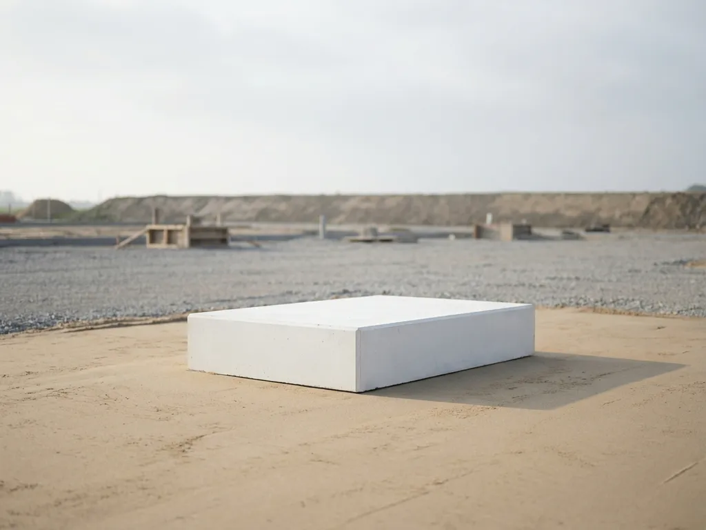 Prefab betonnen funderingsblok op geëgaliseerd zand, zachte ochtendverlichting, minimalistische bouwplaats met grindoppervlak