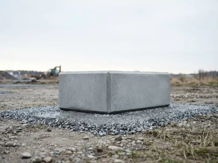 Prefab betonnen funderingsblok op grindbed bij bouwplaats, geometrische randen in diffuus daglicht, minimalistische compositie