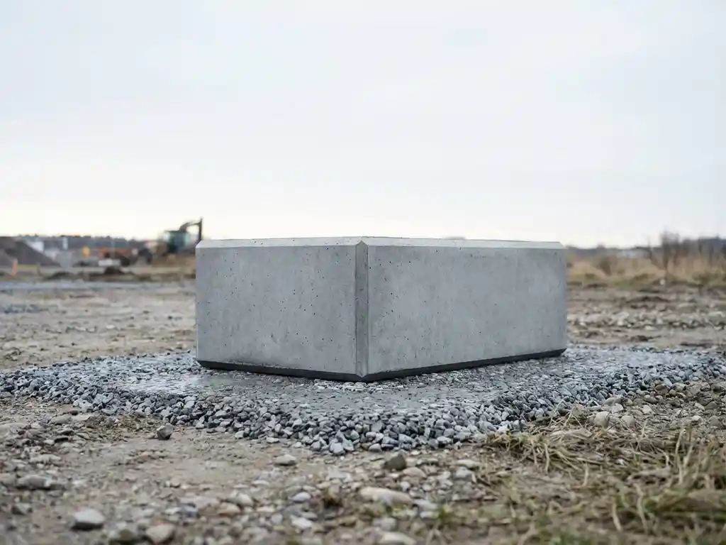 Prefab betonnen funderingsblok op grindbed bij bouwplaats, geometrische randen in diffuus daglicht, minimalistische compositie