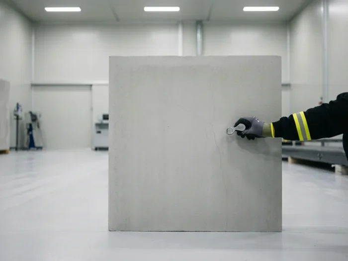 Gehandschoende hand inspecteert betonnen wandpaneel met zichtbare haarscheur in industriële inspectieruimte