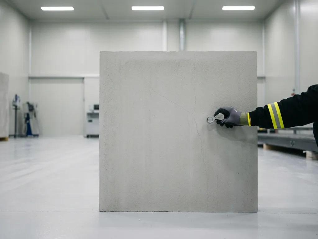 Gehandschoende hand inspecteert betonnen wandpaneel met zichtbare haarscheur in industriële inspectieruimte