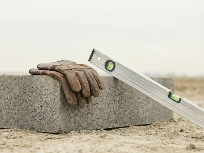 Werkhandschoenen en waterpas op een betonnen funderingsblok op zandgrond onder bewolkte lucht