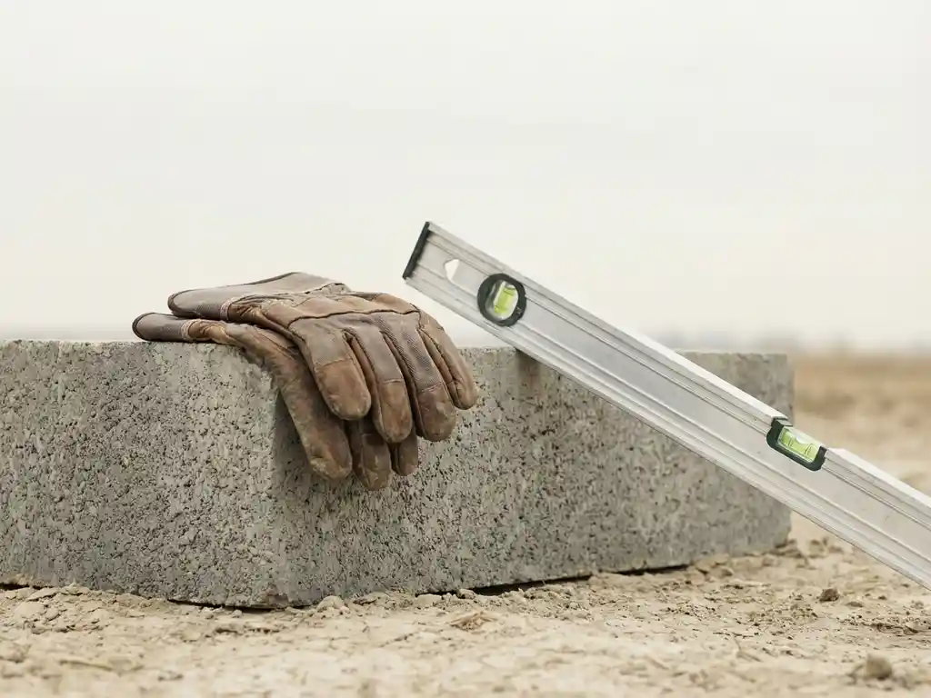 Werkhandschoenen en waterpas op een betonnen funderingsblok op zandgrond onder bewolkte lucht