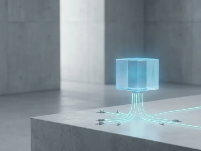 Doorschijnende digitale kubus zweeft boven betonnen vloer, verbonden met sensoren via lichtgevende glasvezelkabels, blauwe gloed