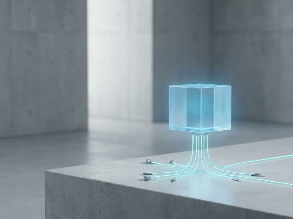 Doorschijnende digitale kubus zweeft boven betonnen vloer, verbonden met sensoren via lichtgevende glasvezelkabels, blauwe gloed