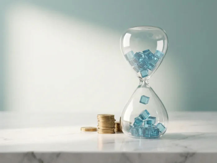 Glazen zandloper met blauwe digitale kubussen naast koperen muntstapel op wit marmer, minimalistische 3D-render