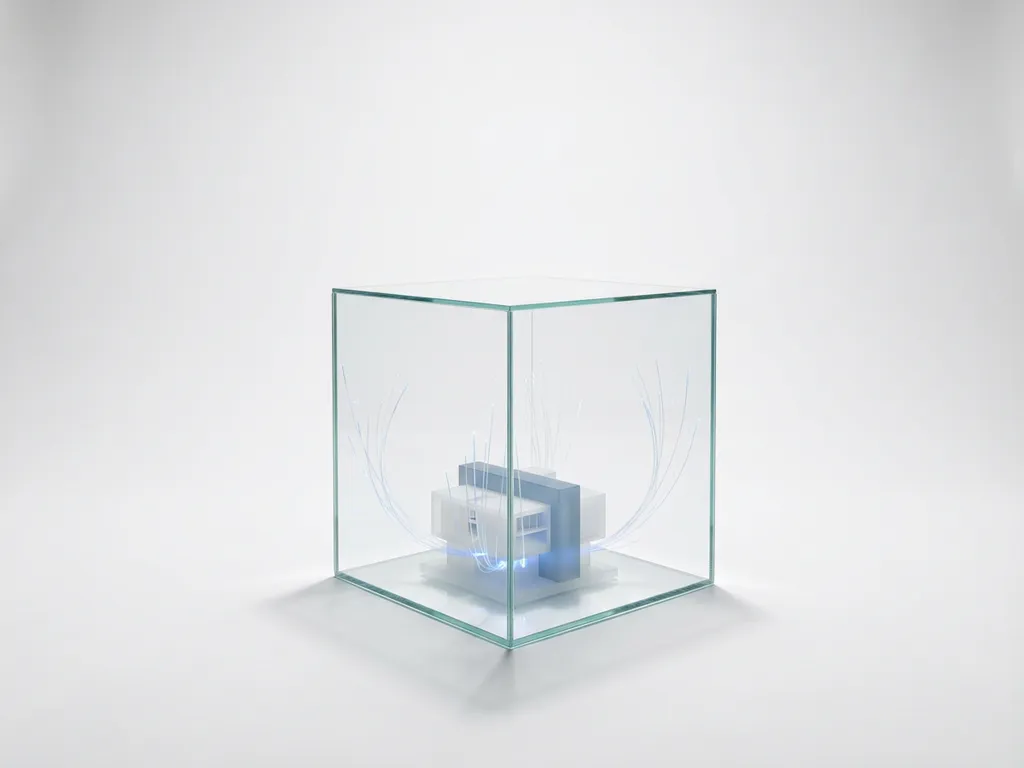 Glazen kubus met miniatuur architectuurmodel en gloeiende vezelverbindingen op wit oppervlak in minimalistisch studiodecor