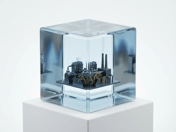 Glazen kubus met miniatuur fabrieksgebouw en zichtbare tandwielen, minimalistisch 3D-ontwerp met blauwgrijze verlichting