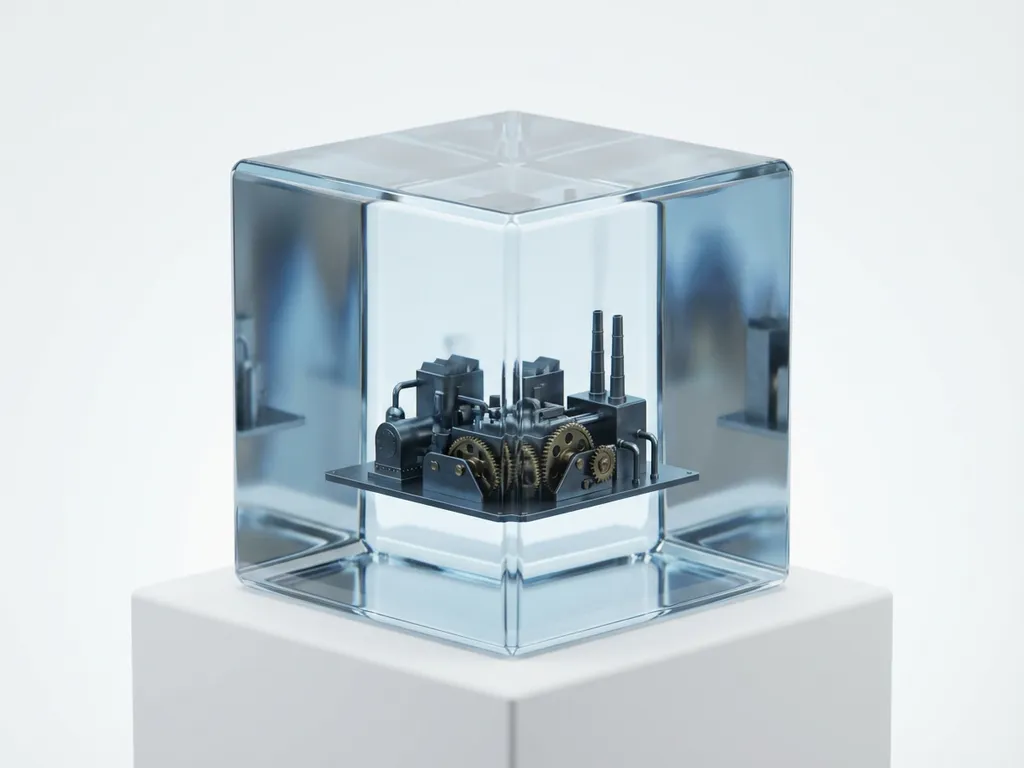 Glazen kubus met miniatuur fabrieksgebouw en zichtbare tandwielen, minimalistisch 3D-ontwerp met blauwgrijze verlichting