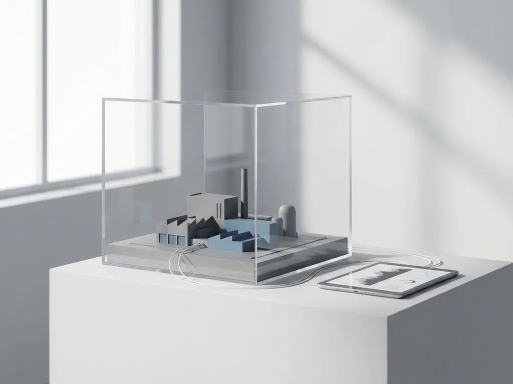 Transparante acrylkubus met miniatuur architectuurmodel van industriële faciliteit, verbonden met tablet via sensordraden