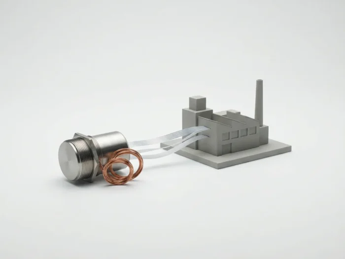 Industriële sensor verbonden met miniatuur fabrieksmodel via transparante datakabels op witte achtergrond