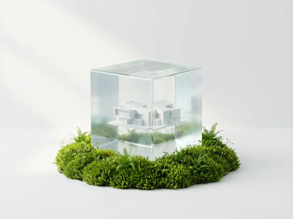 Kristallen kubus met architectuurmodel op groen mos, minimalistisch 3D-ontwerp in natuurlijk daglicht
