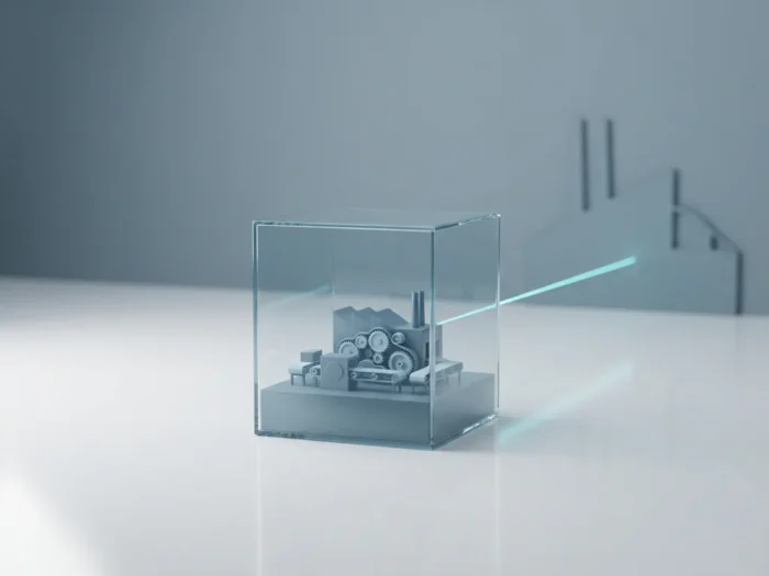 Glazen kubus met miniatuur fabrieksmodel op wit oppervlak, verbonden met architectuursilhouet, minimalistische 3D-render