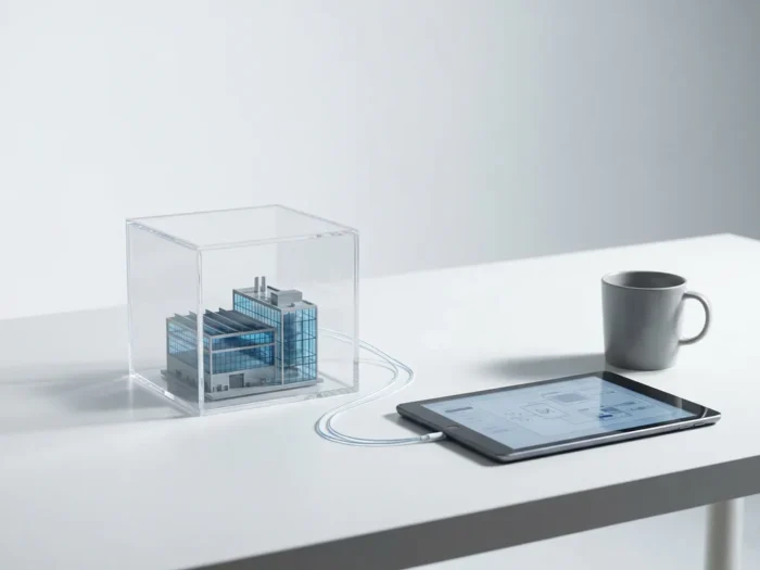 Transparante acrylkubus met miniatuur fabrieksmodel verbonden met tablet via sensordraden op wit bureau