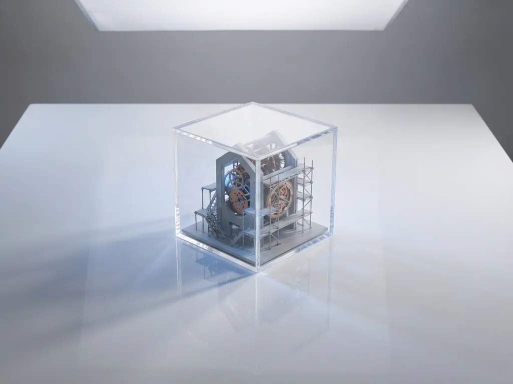 Transparante acrylkubus met miniatuur architectuurmodel en zichtbare mechanische componenten op wit bureau