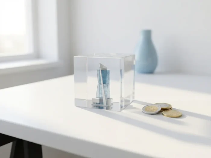 Transparante acrylkubus met architectuurmodel naast gestapelde euromunten op witte bureau in zacht ochtendlicht