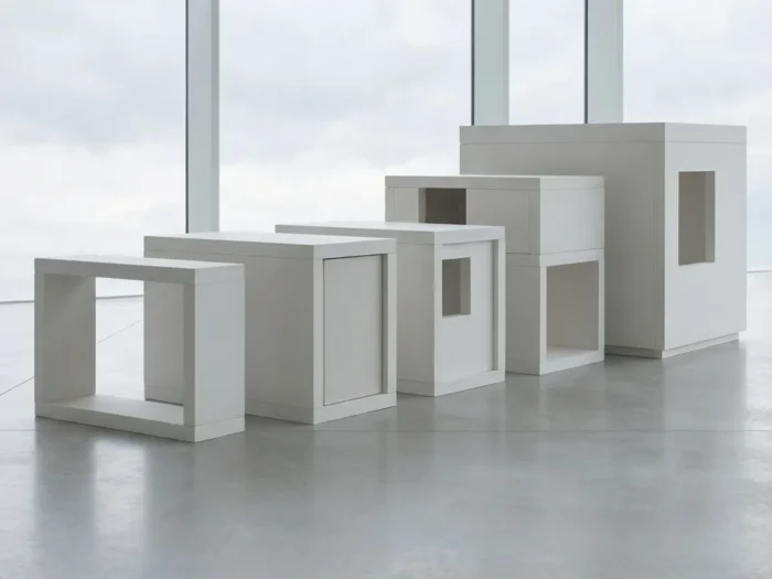 Minimalistische witte modulaire bouwblokken in oplopende volgorde op betonnen ondergrond, zachte schaduwen en rustige compositie