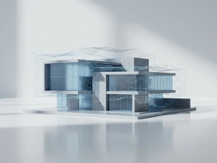 Architectuurmaquette van modern gebouw met holografische datalaag, minimalistische compositie in koele grijze en blauwe tinten