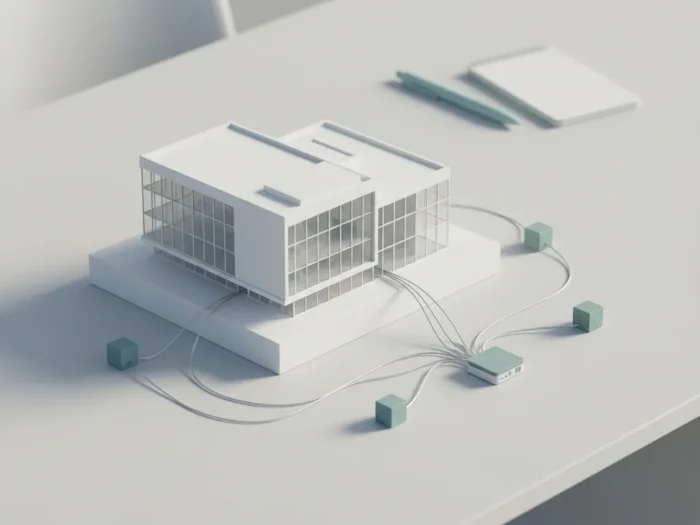 Wit architectonisch schaalmodel van modern gebouw met sensorknooppunten verbonden door zilveren draden, minimalistisch 3D-ontwerp