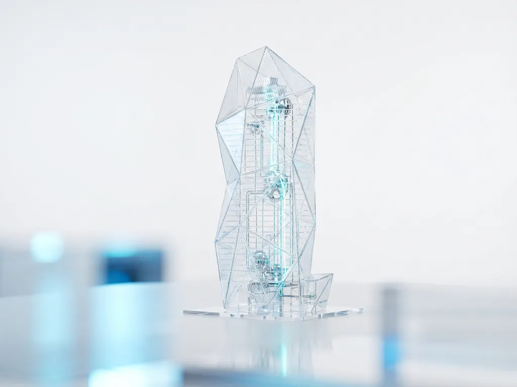 Doorschijnend architectuurmodel van modern gebouw met zichtbare interne systemen, blauw verlicht op witte ondergrond