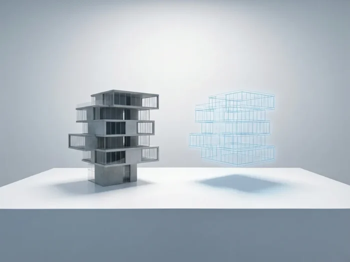 Architectonisch schaalmodel van modern gebouw met holografische blauwe digitale kopie, minimalistische studiobelichting