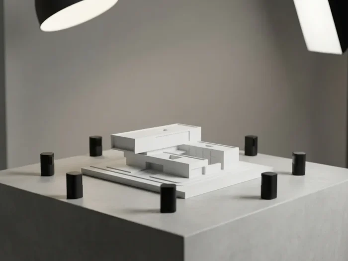 Wit architectonisch schaalmodel van modern gebouw omringd door zwarte sensorapparaten op betonnen ondergrond in minimalistisch studiodecor