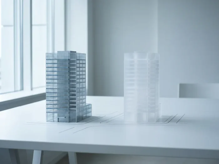 Architectonisch schaalmodel van glazen kantoorgebouw naast acryl replica op wit bureau in minimalistisch daglicht