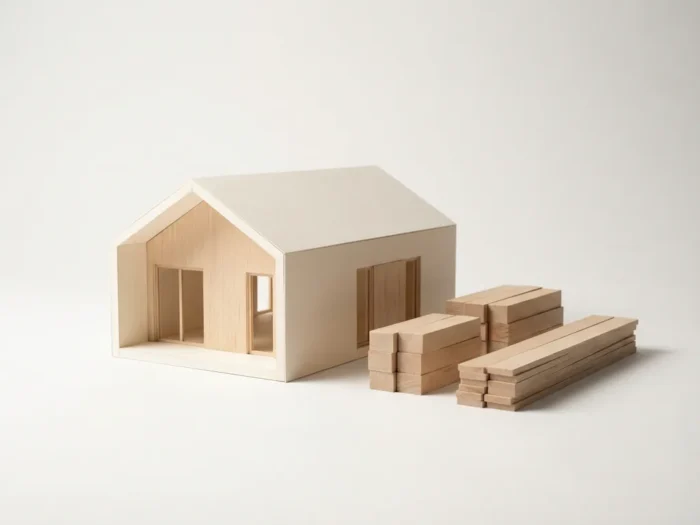 Architectonisch schaalmodel van modern prefab huis met gestapelde houten blokken op witte achtergrond in minimalistische stijl