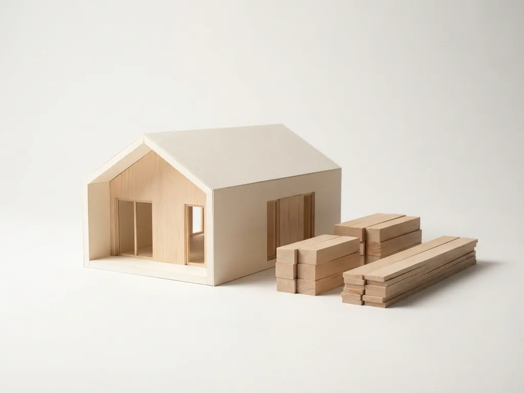 Architectonisch schaalmodel van modern prefab huis met gestapelde houten blokken op witte achtergrond in minimalistische stijl