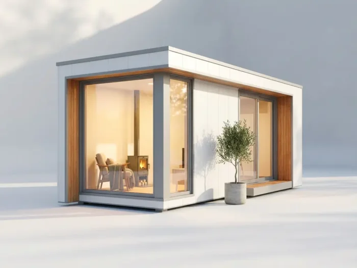 Moderne prefab woning met grote glazen ramen, warm verlicht interieur, houten accenten en minimalistisch design in ochtendlicht