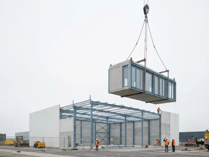 Modulaire geprefabriceerde bouwsectie wordt door kraan geplaatst naast commercieel magazijn op industriële bouwplaats