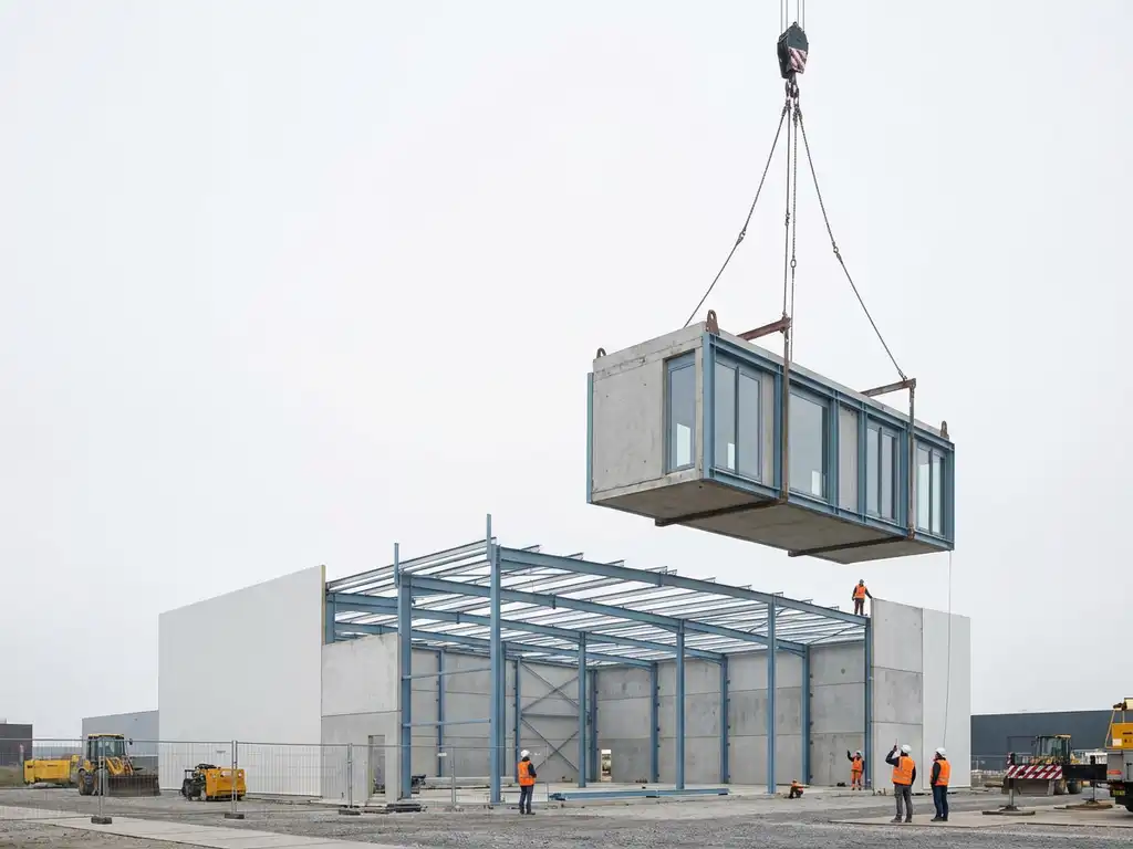 Modulaire geprefabriceerde bouwsectie wordt door kraan geplaatst naast commercieel magazijn op industriële bouwplaats