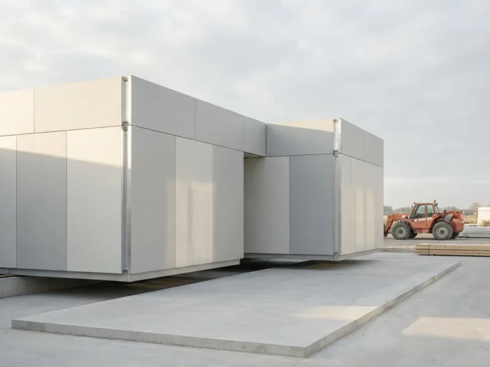 Modulaire bouwsectie zweeft boven betonnen fundering met prefab wandpanelen in ochtendlicht, minimalistische bouwplaats