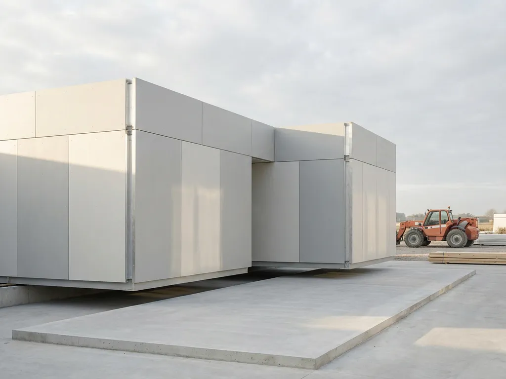 Modulaire bouwsectie zweeft boven betonnen fundering met prefab wandpanelen in ochtendlicht, minimalistische bouwplaats