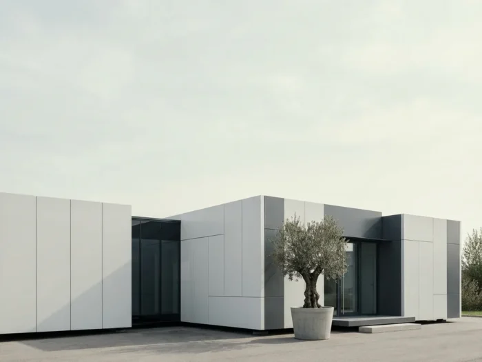 Modulair prefab kantoorgebouw met uitbreidingssectie, witte en grijze panelen, potplant bij ingang, bewolkte hemel