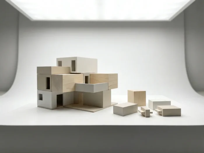 Moderne modulaire prefab woning schaalmodel met geometrische volumes en houten accenten op wit oppervlak, minimalistische 3D-render