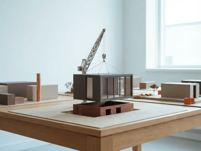 Modulaire prefab woning wordt door kraan op traditionele bakstenen fundering geplaatst in zacht ochtendlicht