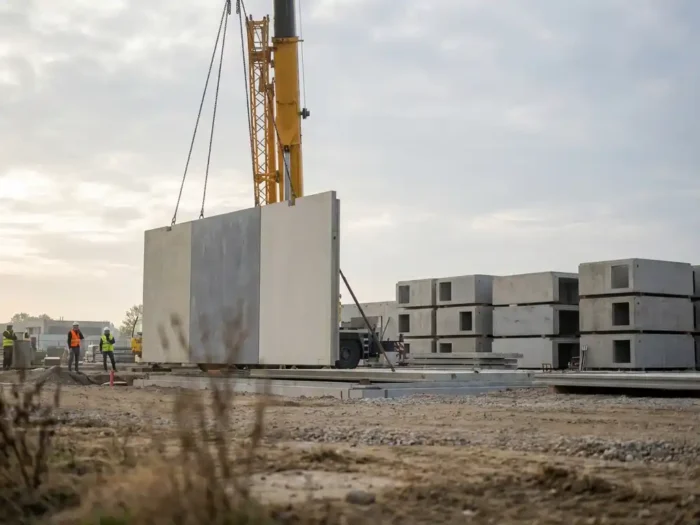 Prefab betonnen wandpaneel wordt door kraan op bouwplaats geplaatst, modulaire bouwelementen op achtergrond, ochtendlicht