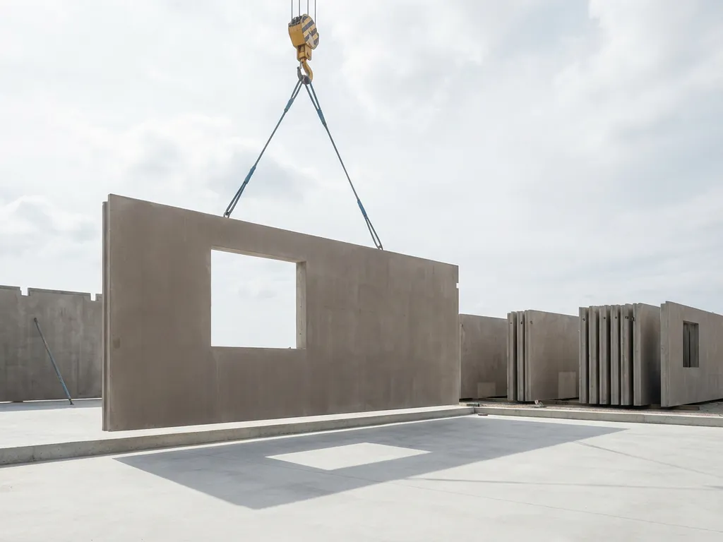 Prefab betonnen wandmodule wordt door kraan op bouwplaats geplaatst, gestapelde panelen op achtergrond